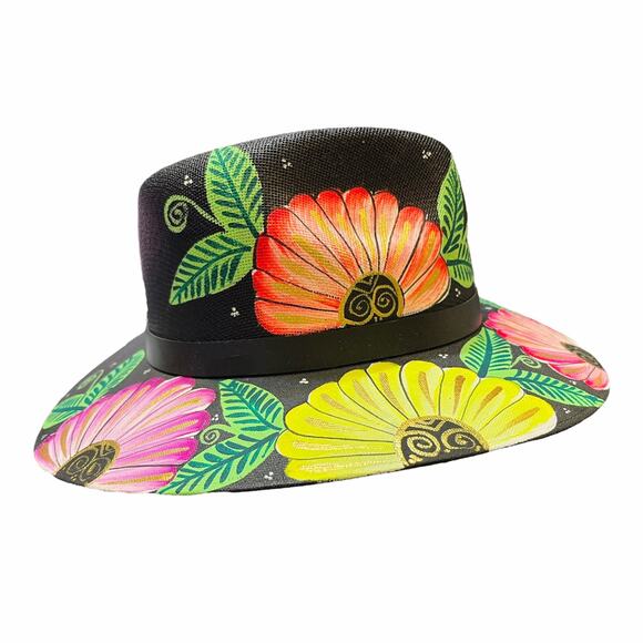 HAT MEXICAN Artisanal Hand Painted Fedora Floral Sombrero Panama Bohemian Black main image 12